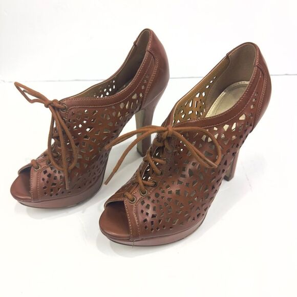 Xappeal Tasha Brown Peep Toe Laser Cut Lace Up Heel Womens Sz 7.5 - Picture 5 of 11